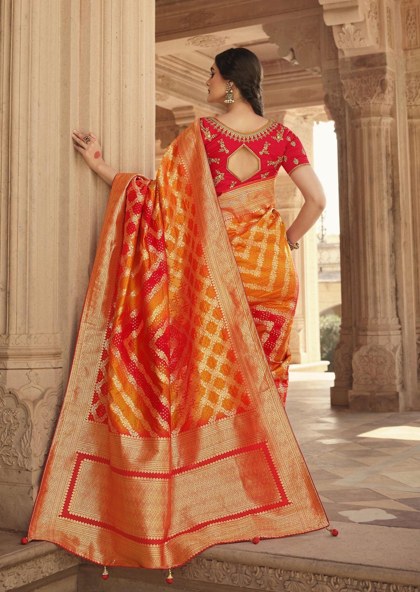 Pure Banarasi Handloom Silk Yellow and Red Saree