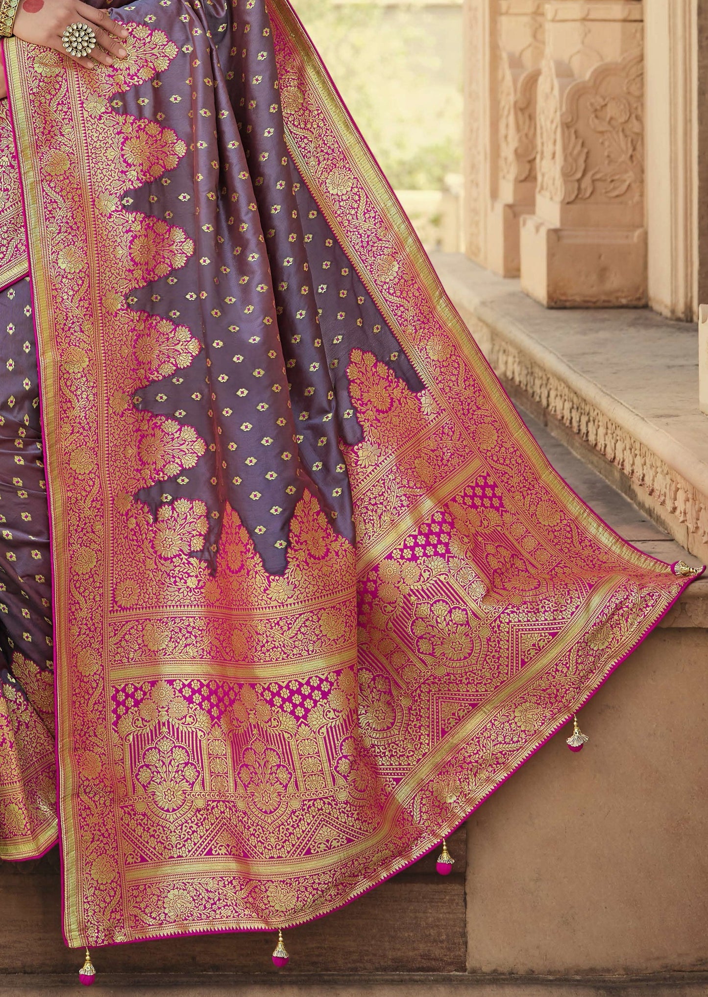 Banarasi Silk Hand Work Handloom Saree (Greyish Purple)