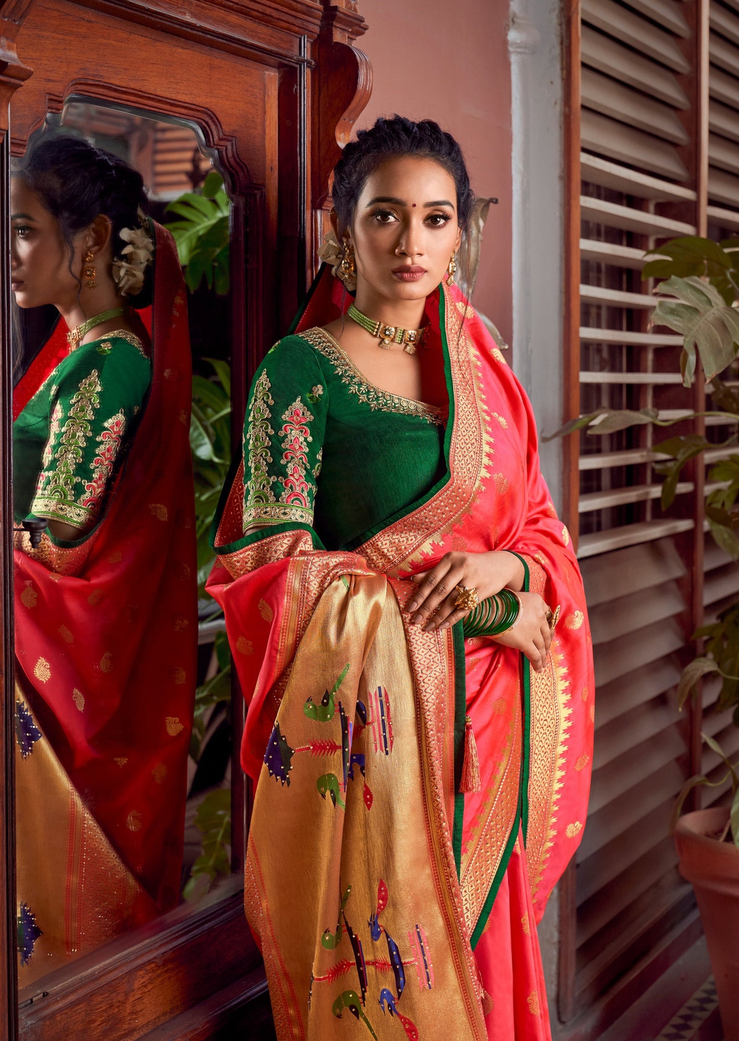 Pure Silk Orange Paithani Saree with Two Blouses