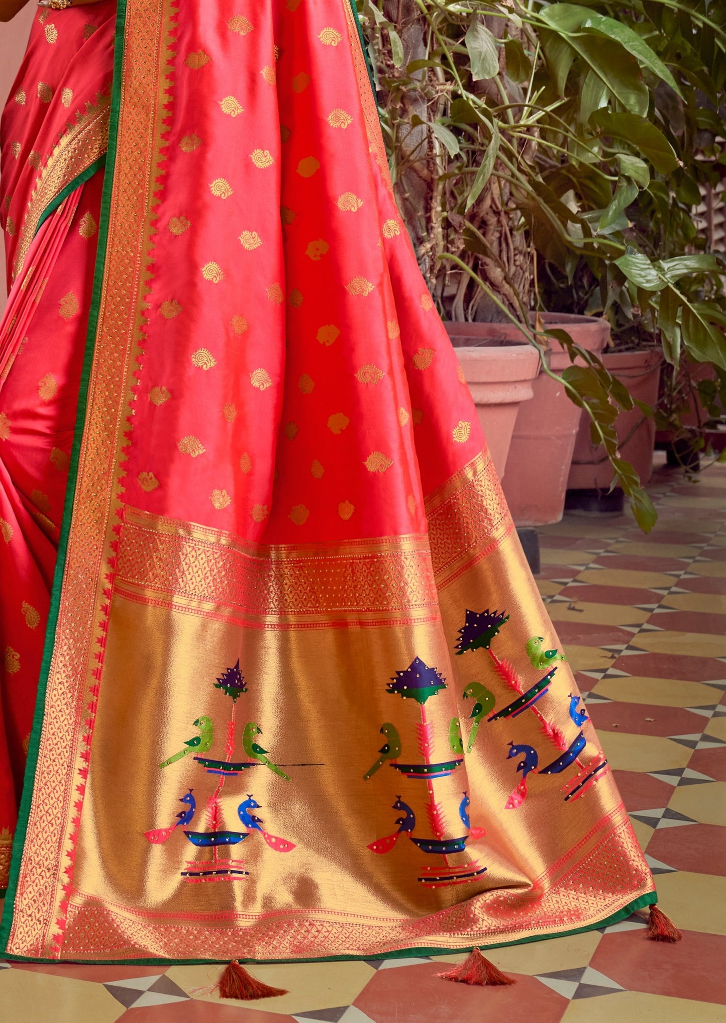 Pure Silk Orange Paithani Saree with Two Blouses