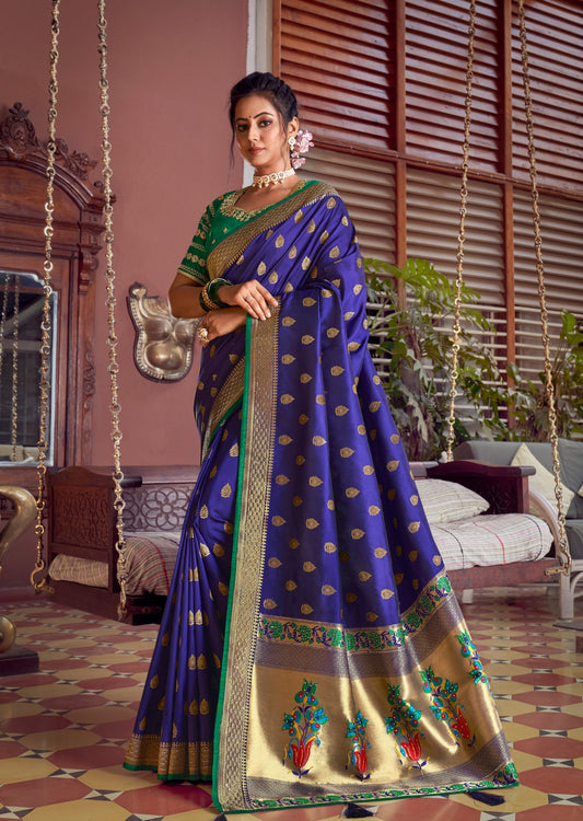 Pure Silk Blue Paithani Saree with Two Blouses