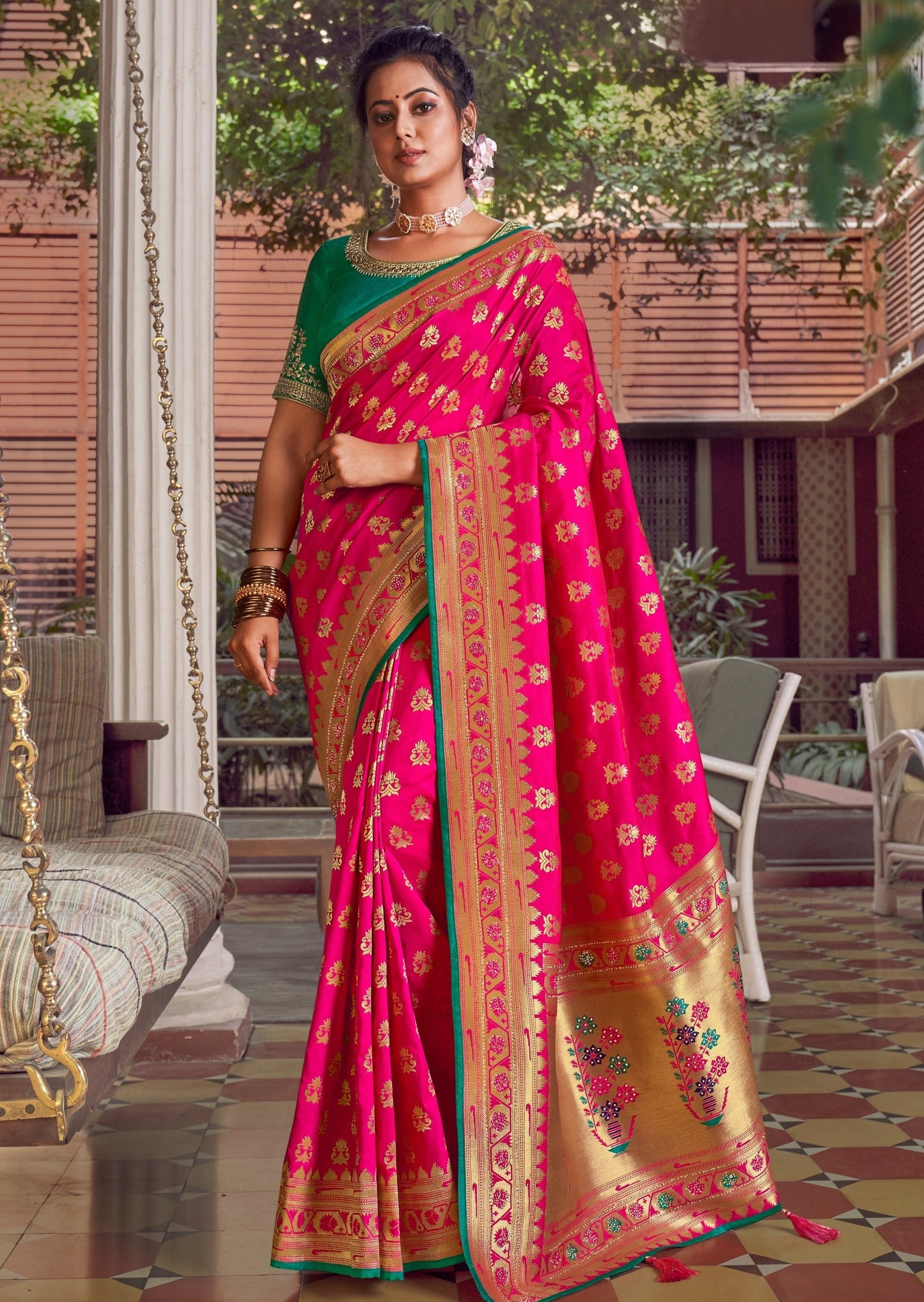 Pink paithani silk saree with contrast green blouse online shopping designs.
