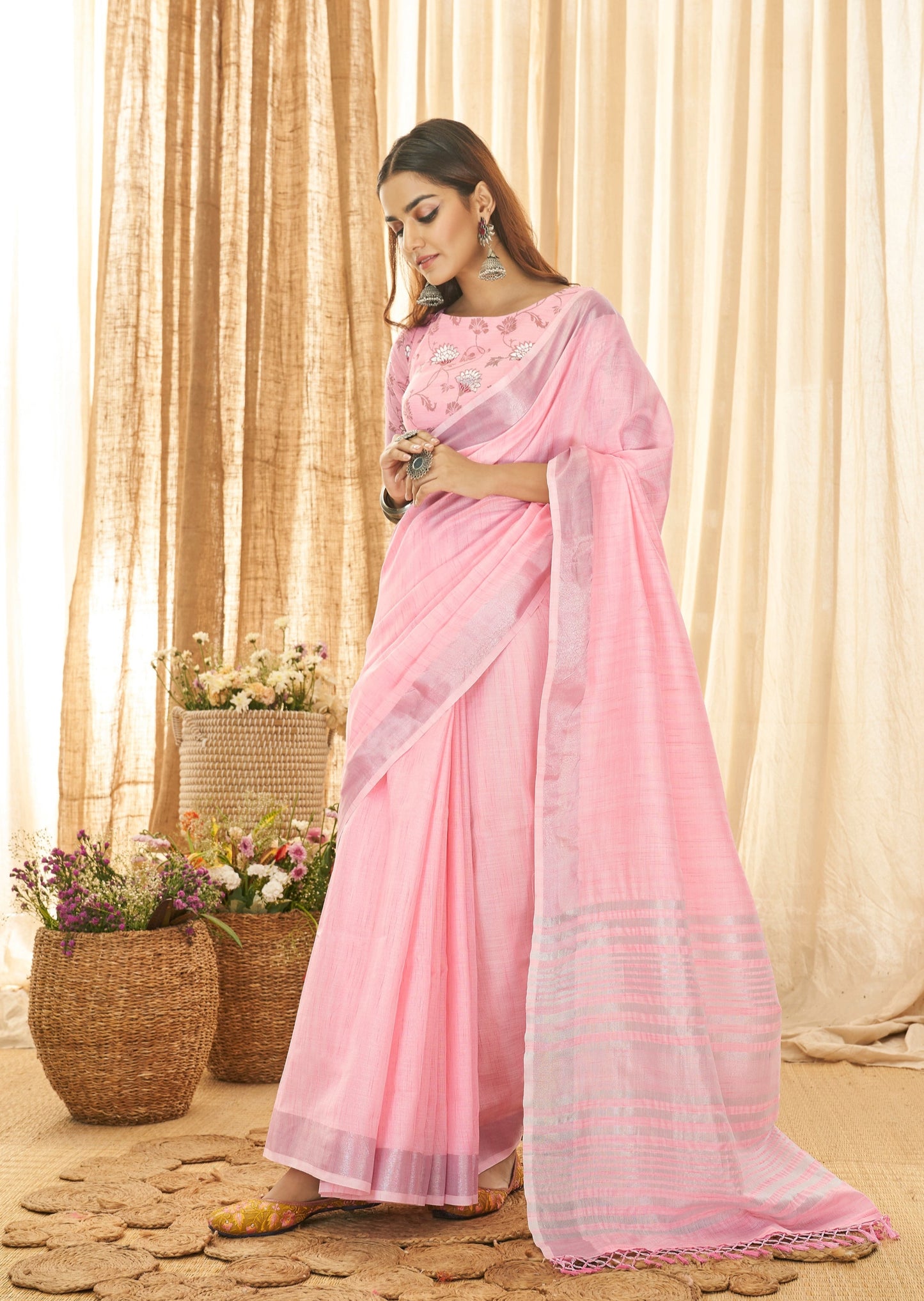 Pure Handloom Linen Baby Pink Saree