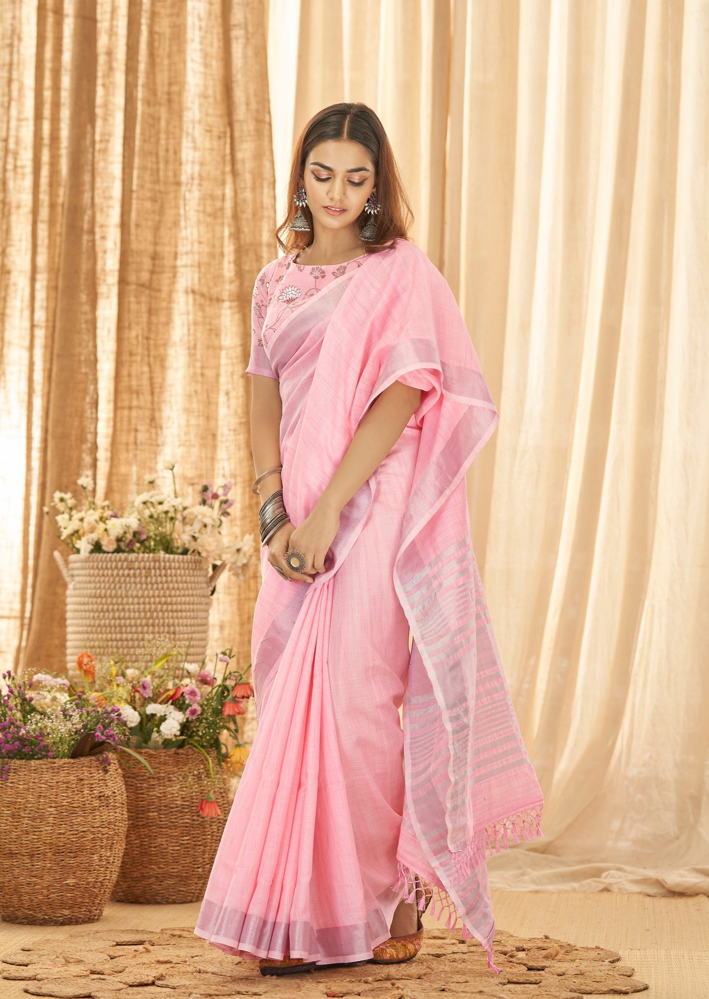 Pure Handloom Linen Baby Pink Saree