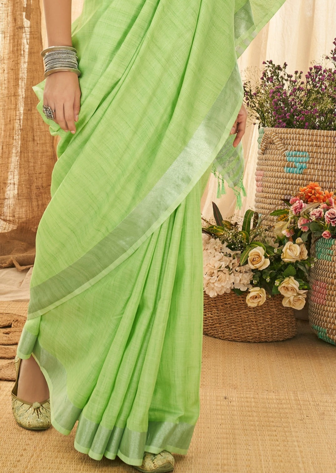 Pure Handloom Linen Green Saree