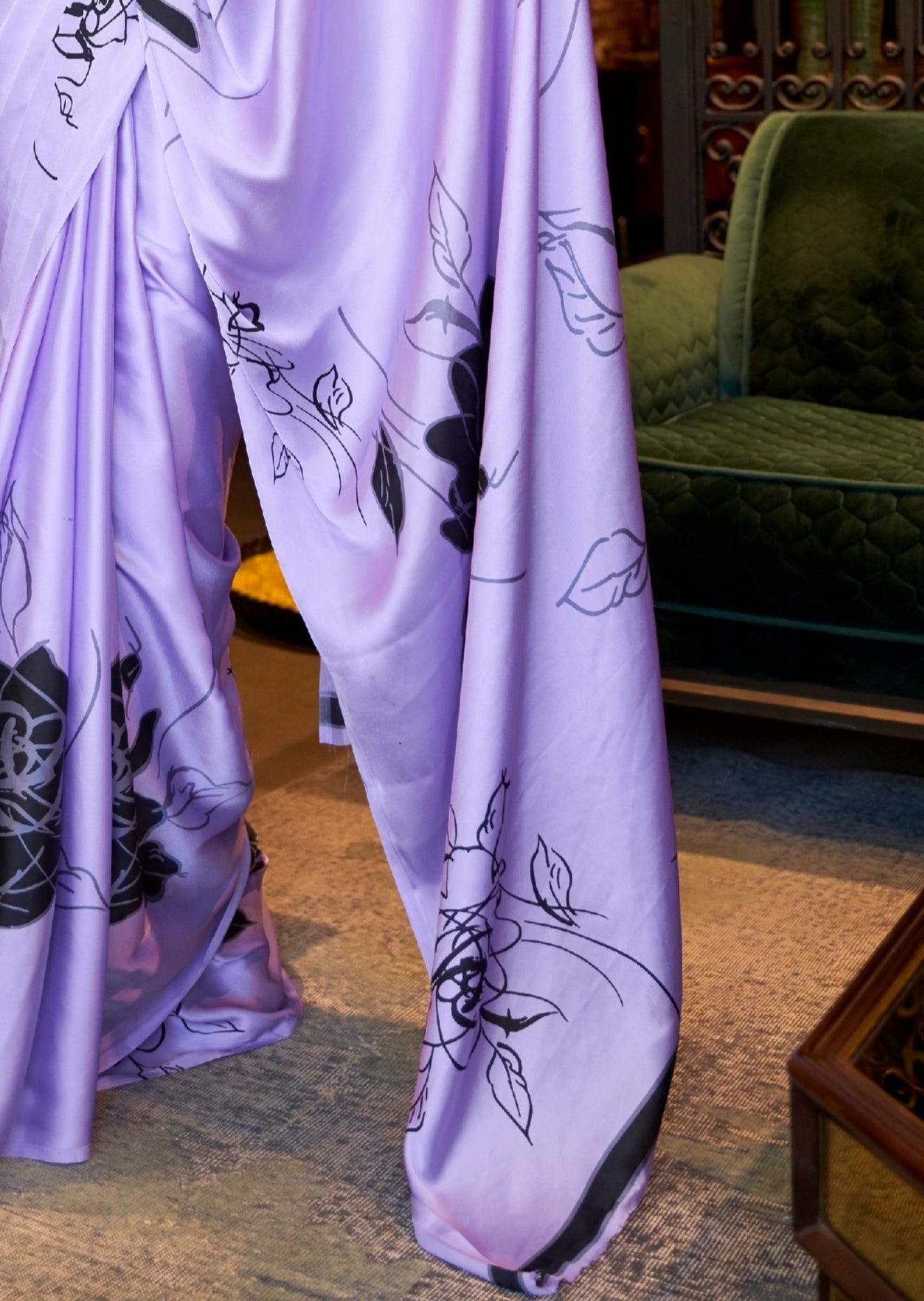 Pure Satin Silk Digital Print Lavender Purple Saree