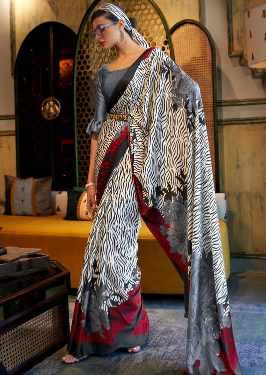 Digital Print Pure Satin Silk White and Grey Saree