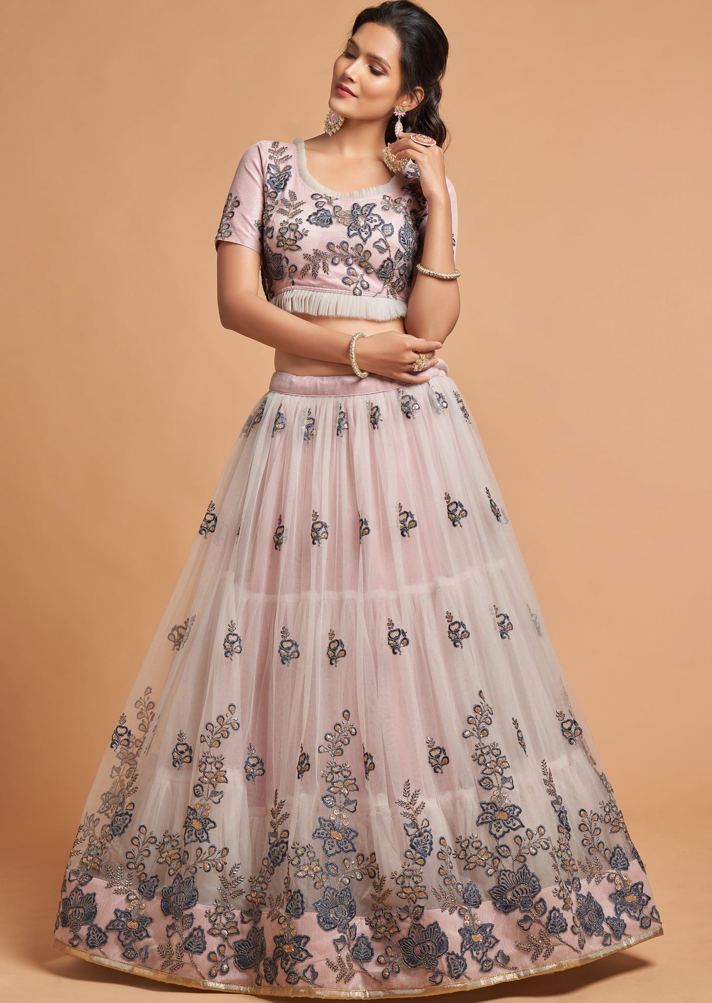 Designer Bridal Lehenga (Powder Pink and Grey)