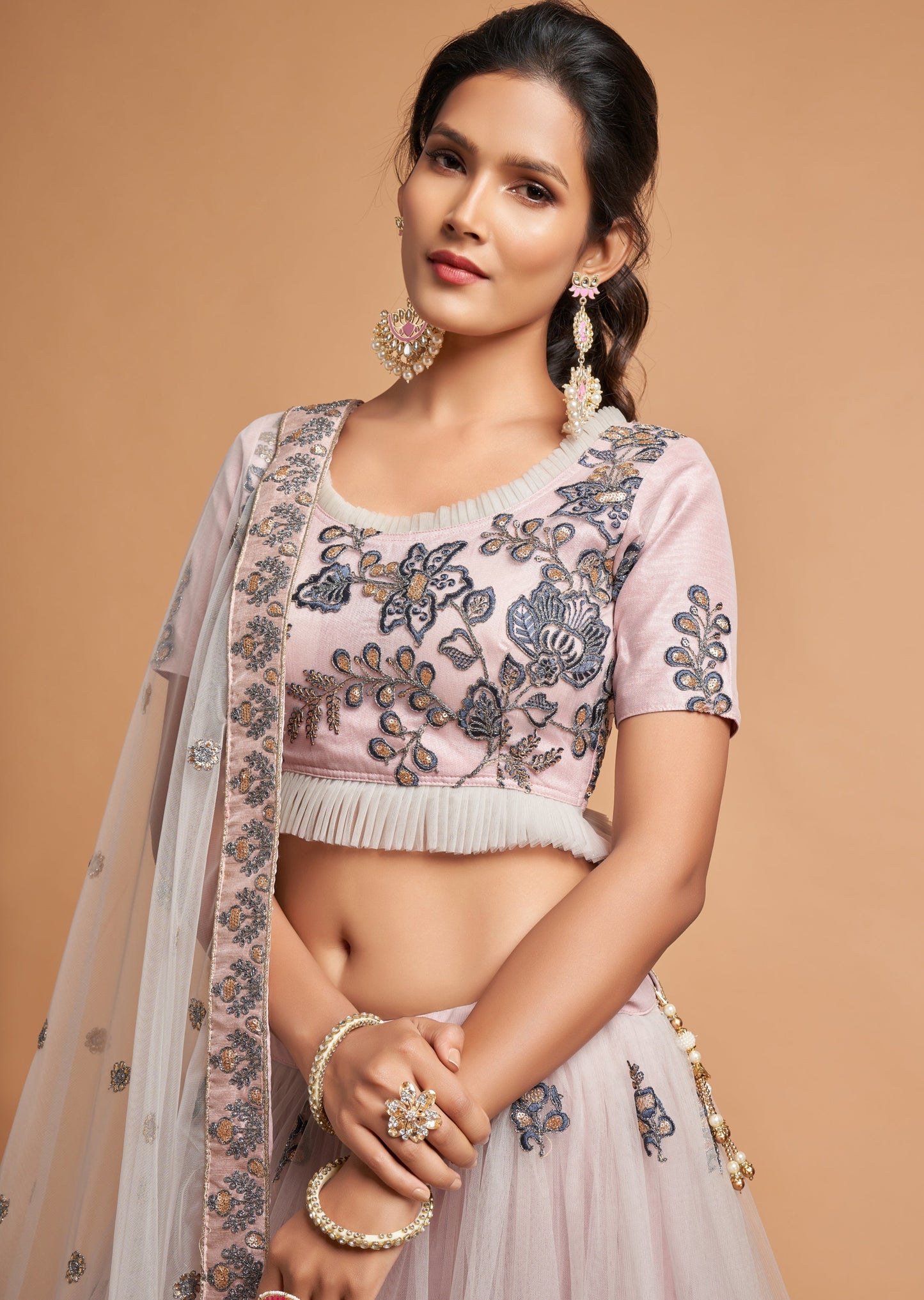 Designer Bridal Lehenga (Powder Pink and Grey)