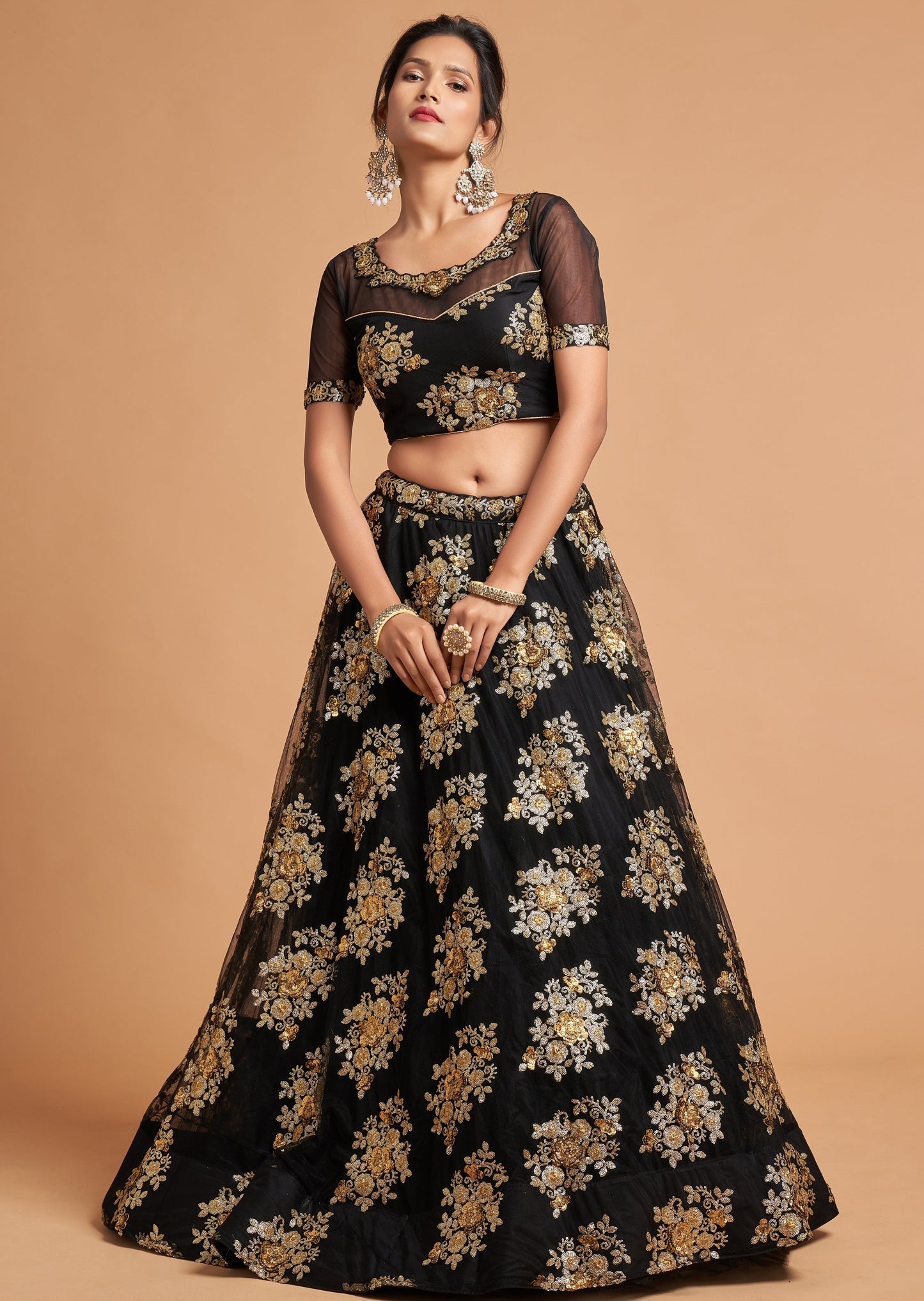 Gold Lehenga with black curved dupatta – Ricco India