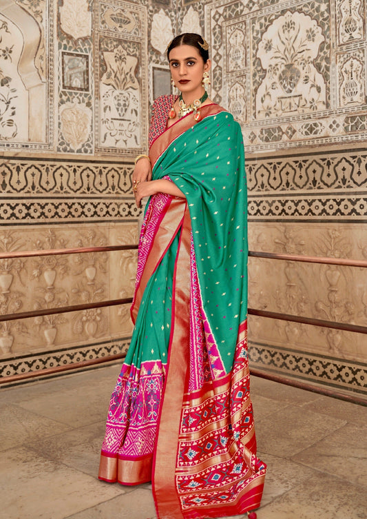 Patola saree online in green & red color.