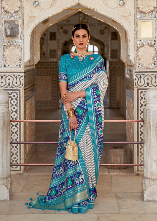 Patola Silk White and Blue Ikat Saree