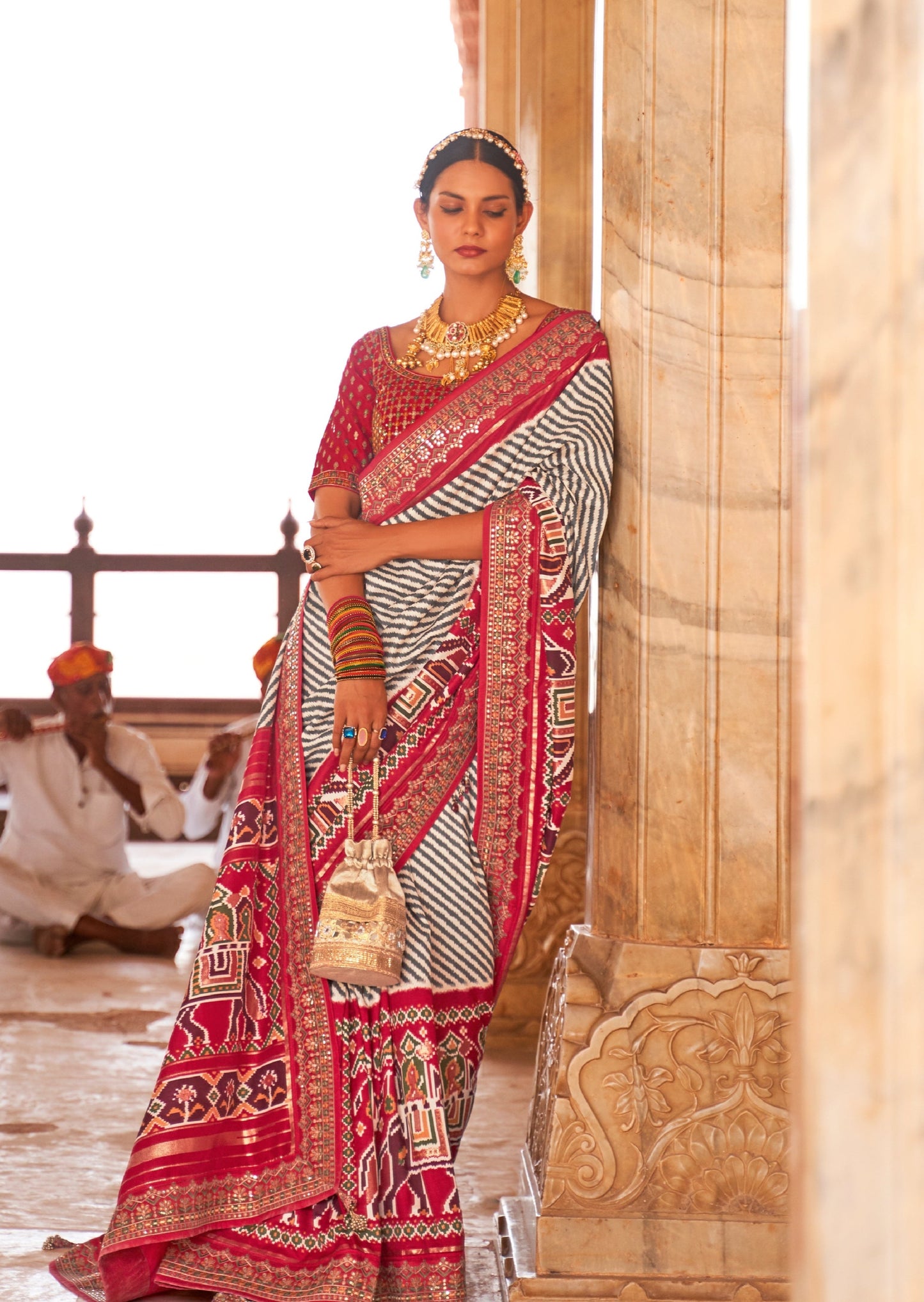 White and Red Sequins Patola Saree