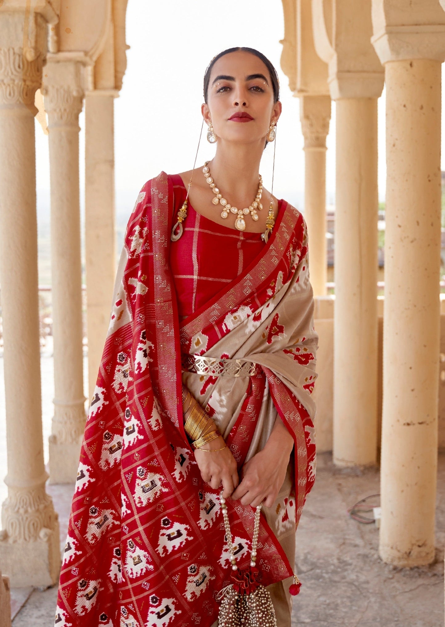 Patola Silk Beige and Red Saree