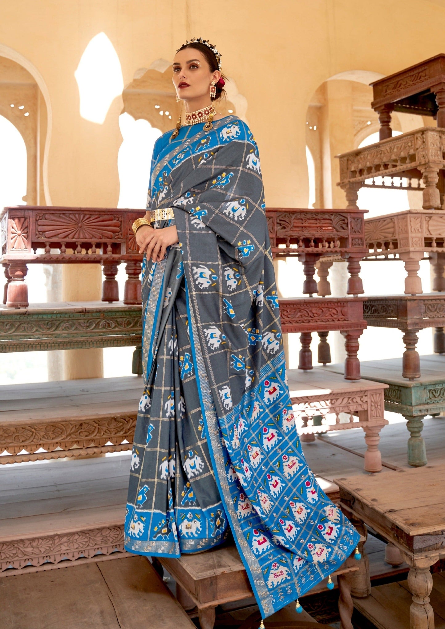 Grey and Blue Ikat Patola Saree