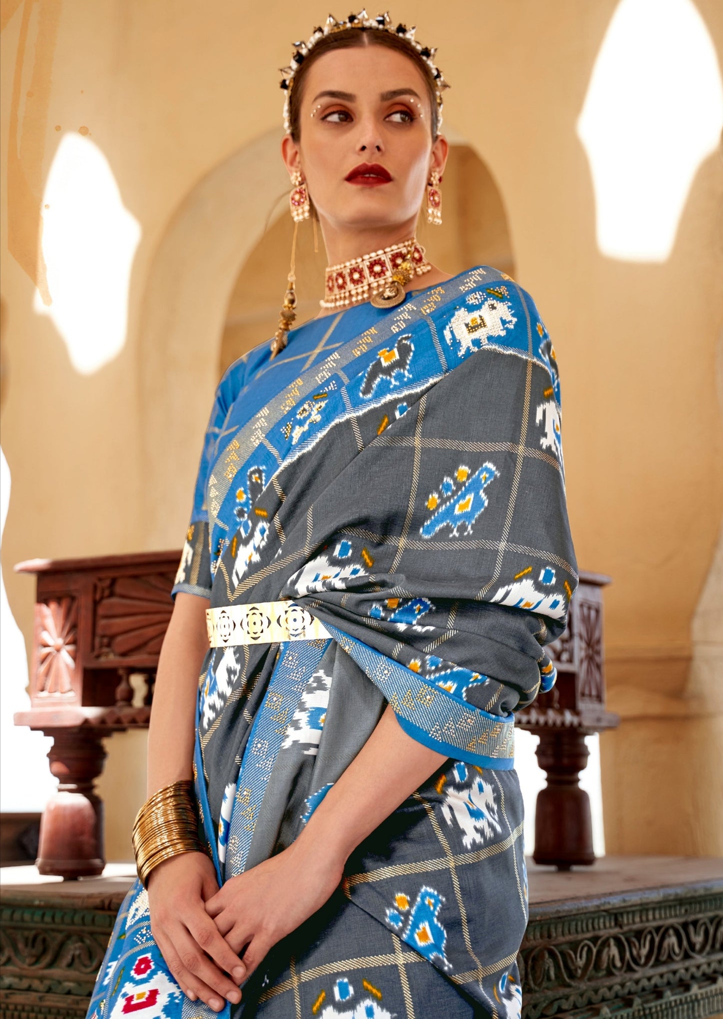 Grey and Blue Ikat Patola Saree