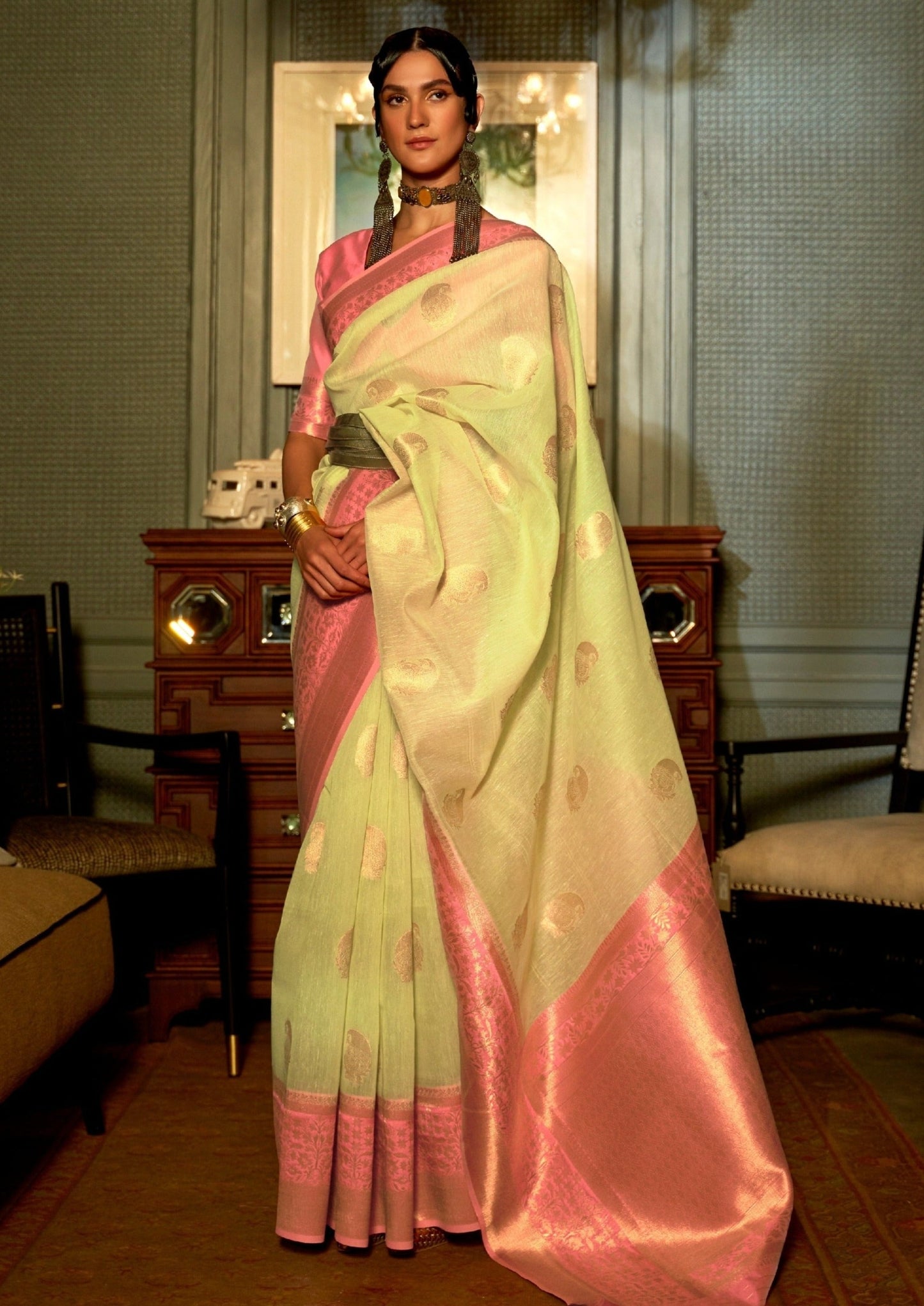 Pure Linen Handloom Zari Saree (Yellow)