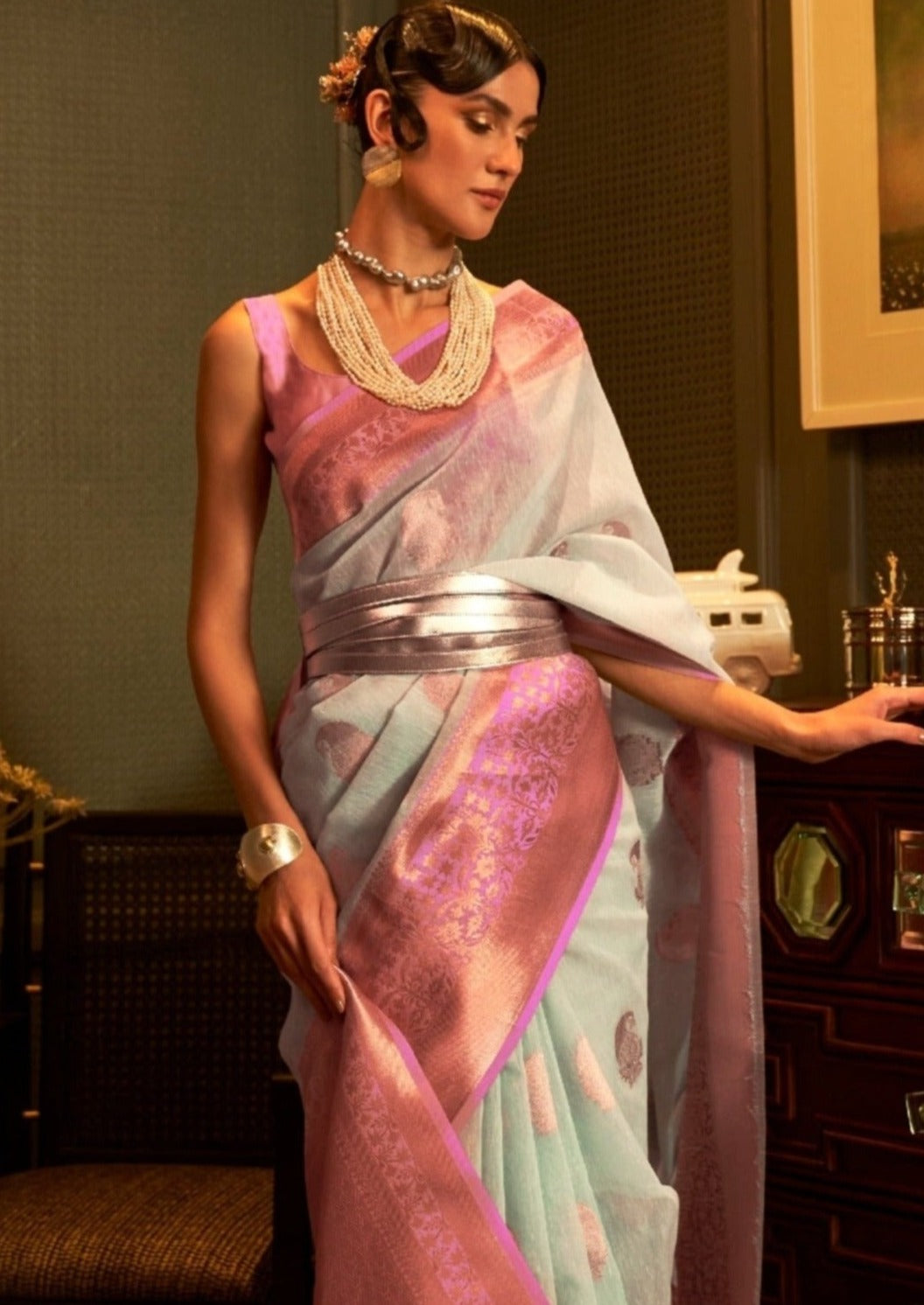 Pure linen saree online shopping with price in pink blue colour combination.