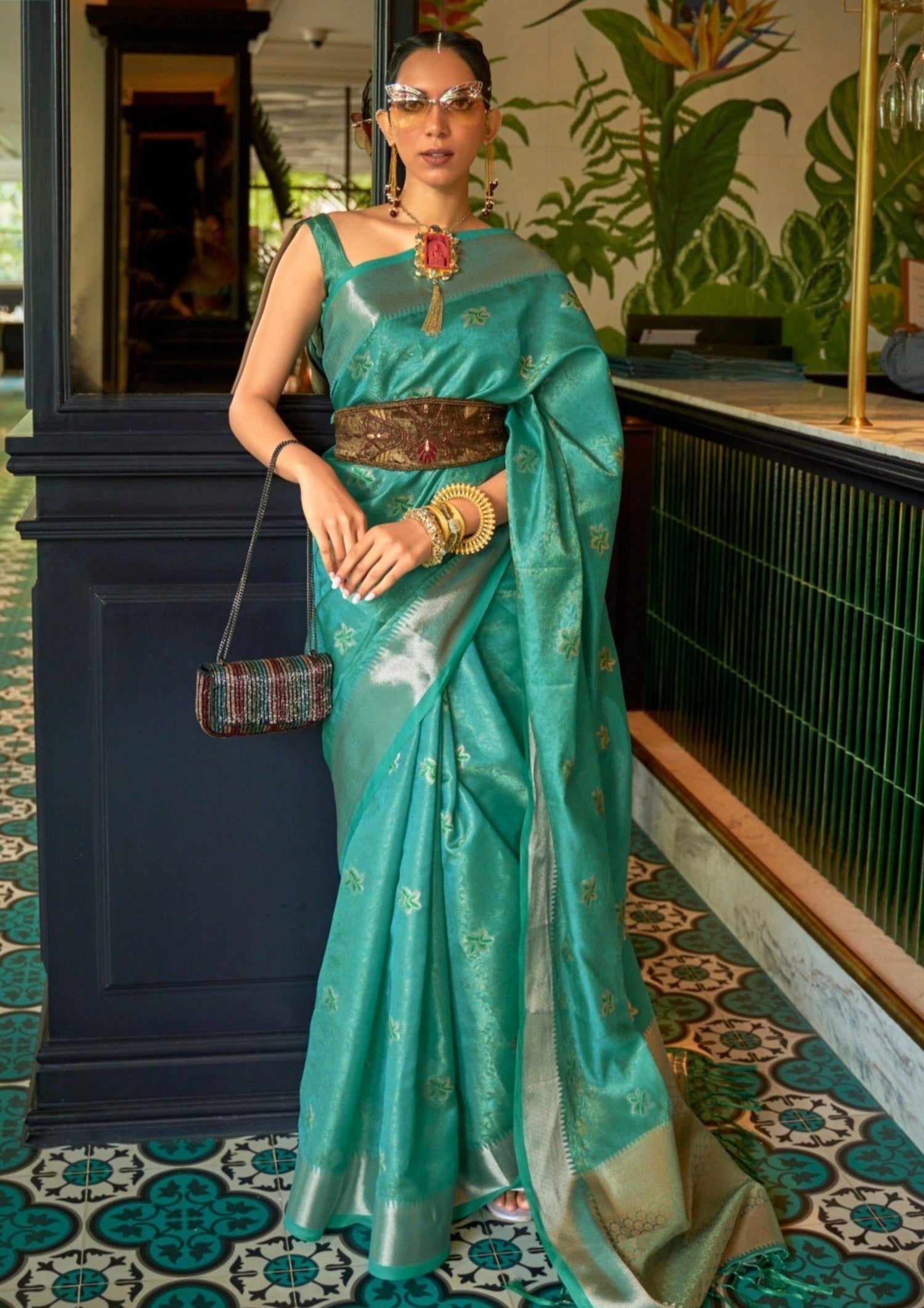 Green organza saree online shopping price.