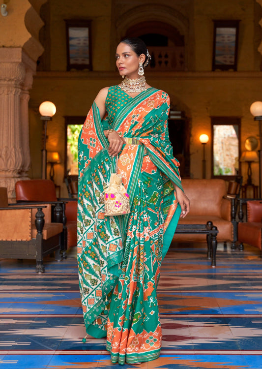 Patola Silk Emerald Green Saree