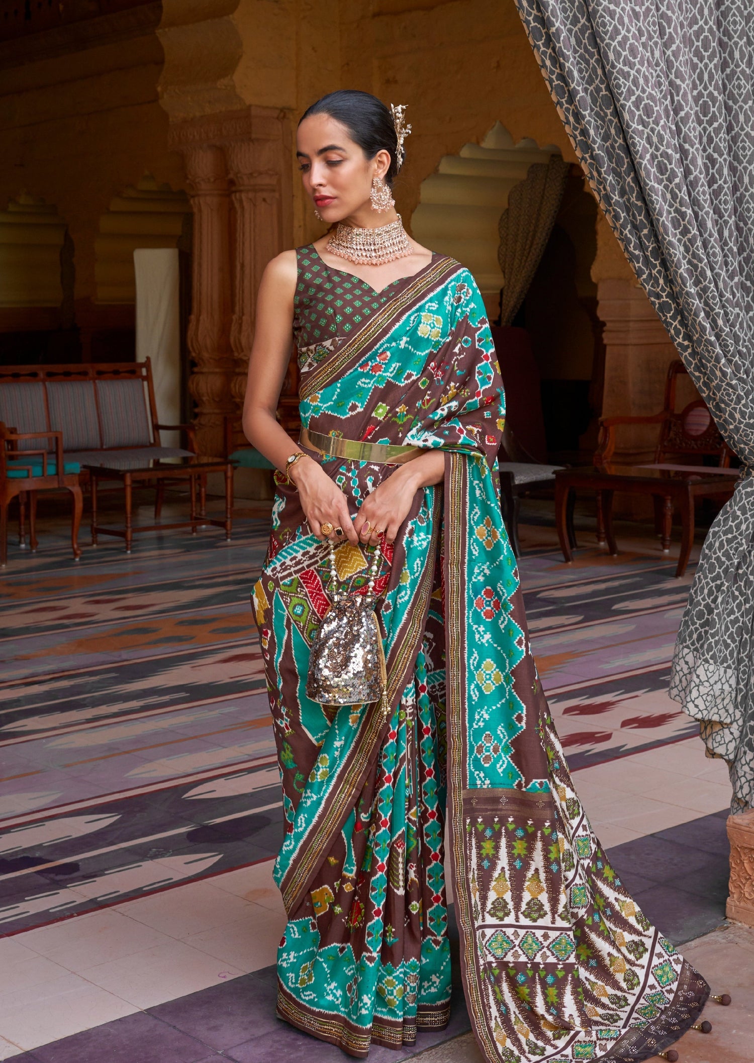Free full draping )Blue and brown semi silk saree with hand worked