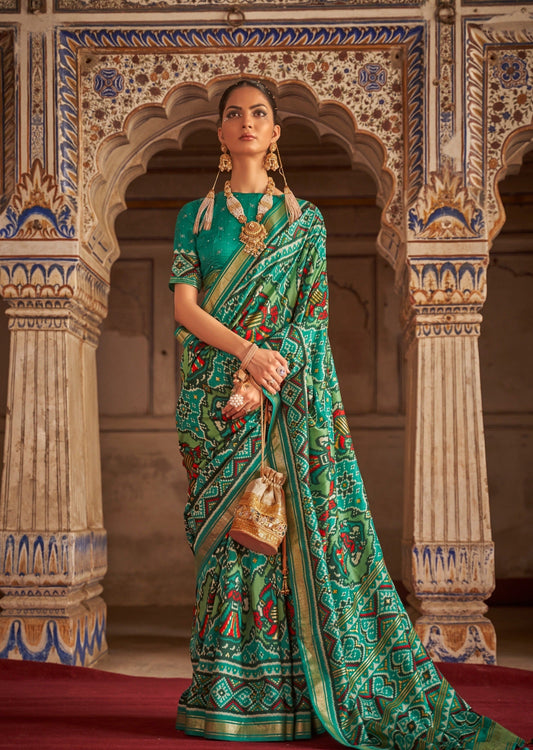 Ikkat Patola Green Saree