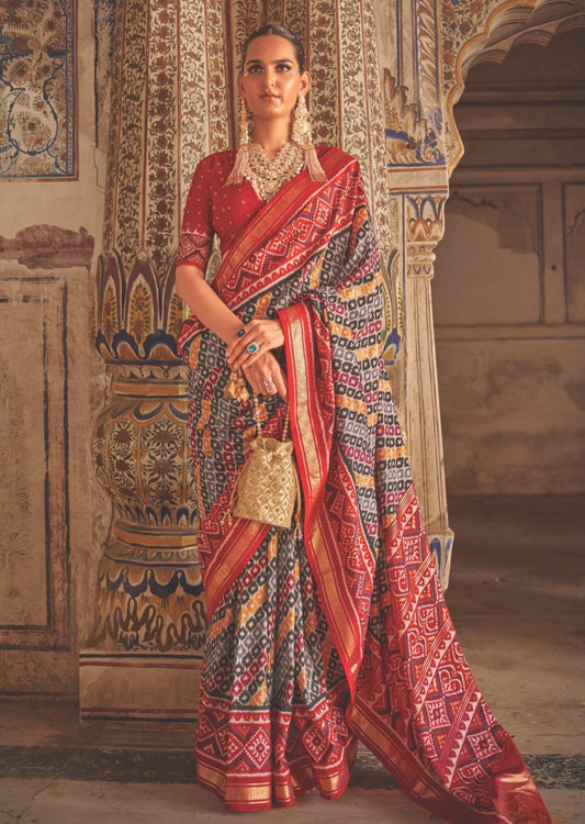 Ikkat Patola Red and Grey Saree