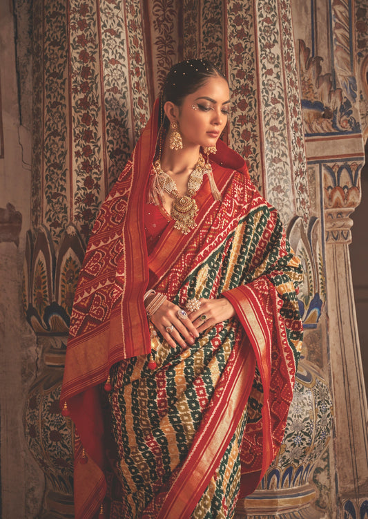 Patola Ikat Red and Green Saree