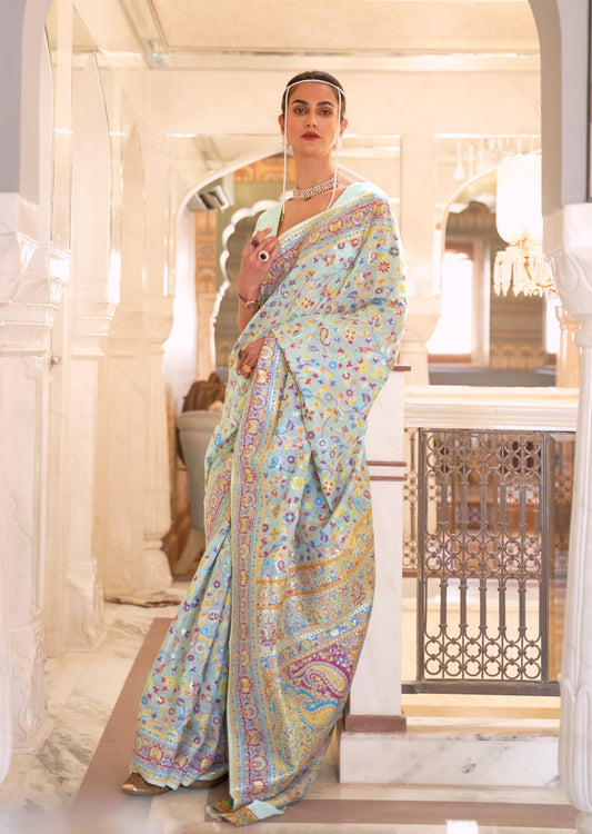 Kashmiri Pashmina Silk Pastel Blue Jamawar Saree