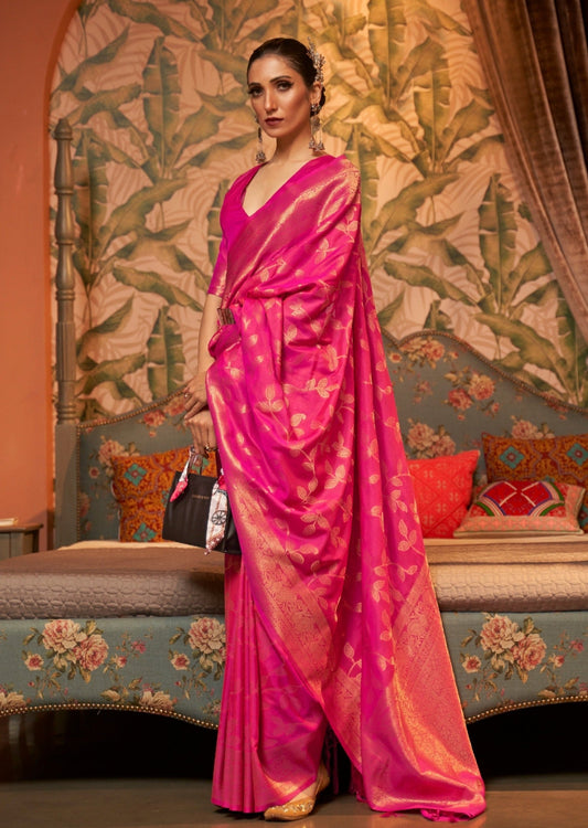 Banarasi Silk Hot Pink Zari Work Bridal Saree