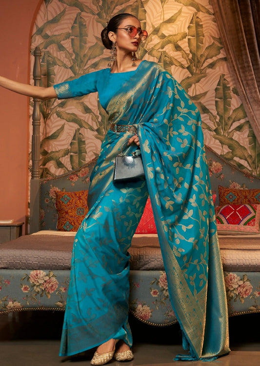 Silk Saree with blouse in Turquoise colour 18004 | Saree designs, Saree, Silk  sarees
