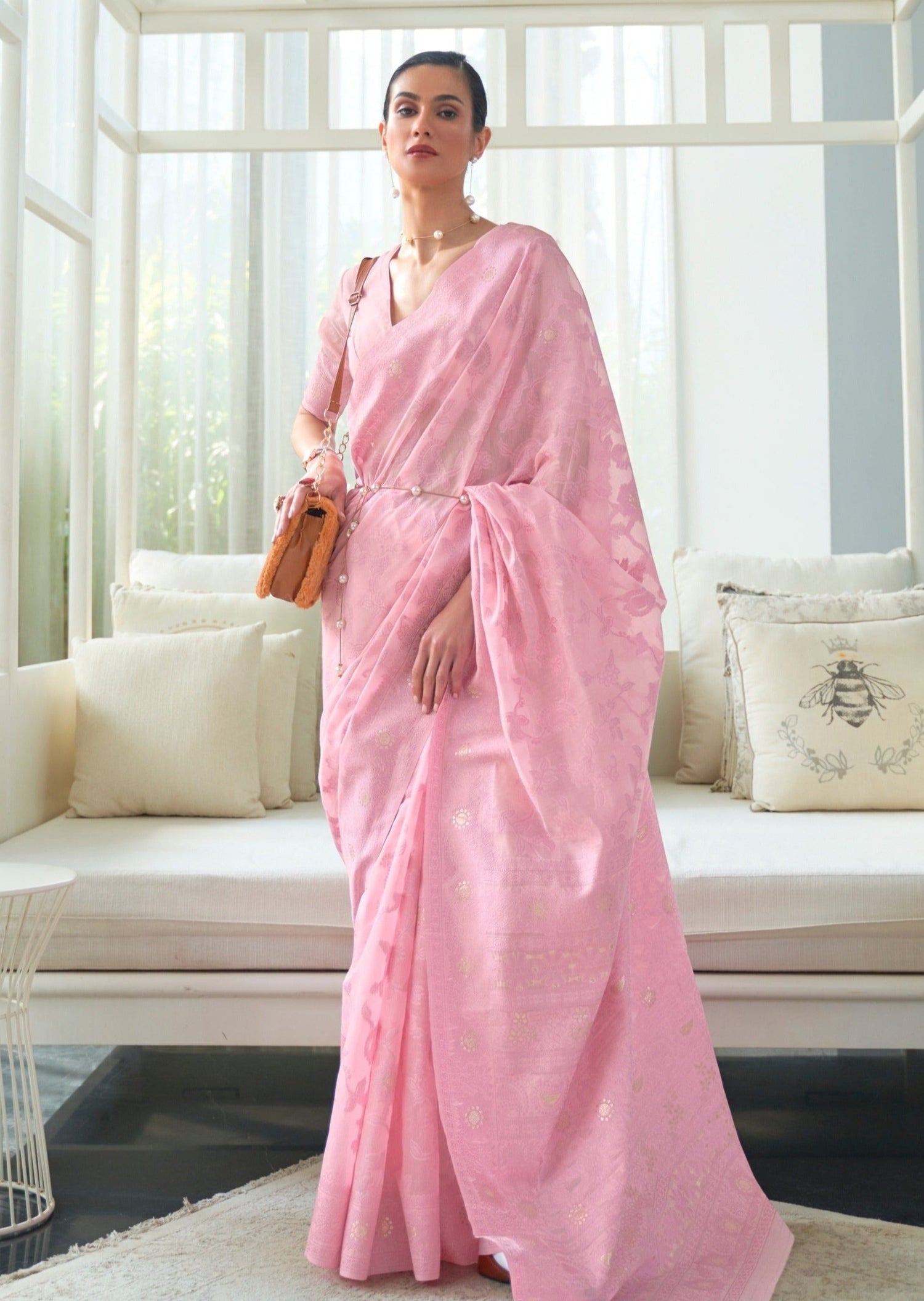 Powder Neon Pink Woven Exclusive Designer Banarasi Silk Saree With Emb –  zarikaariindia.com