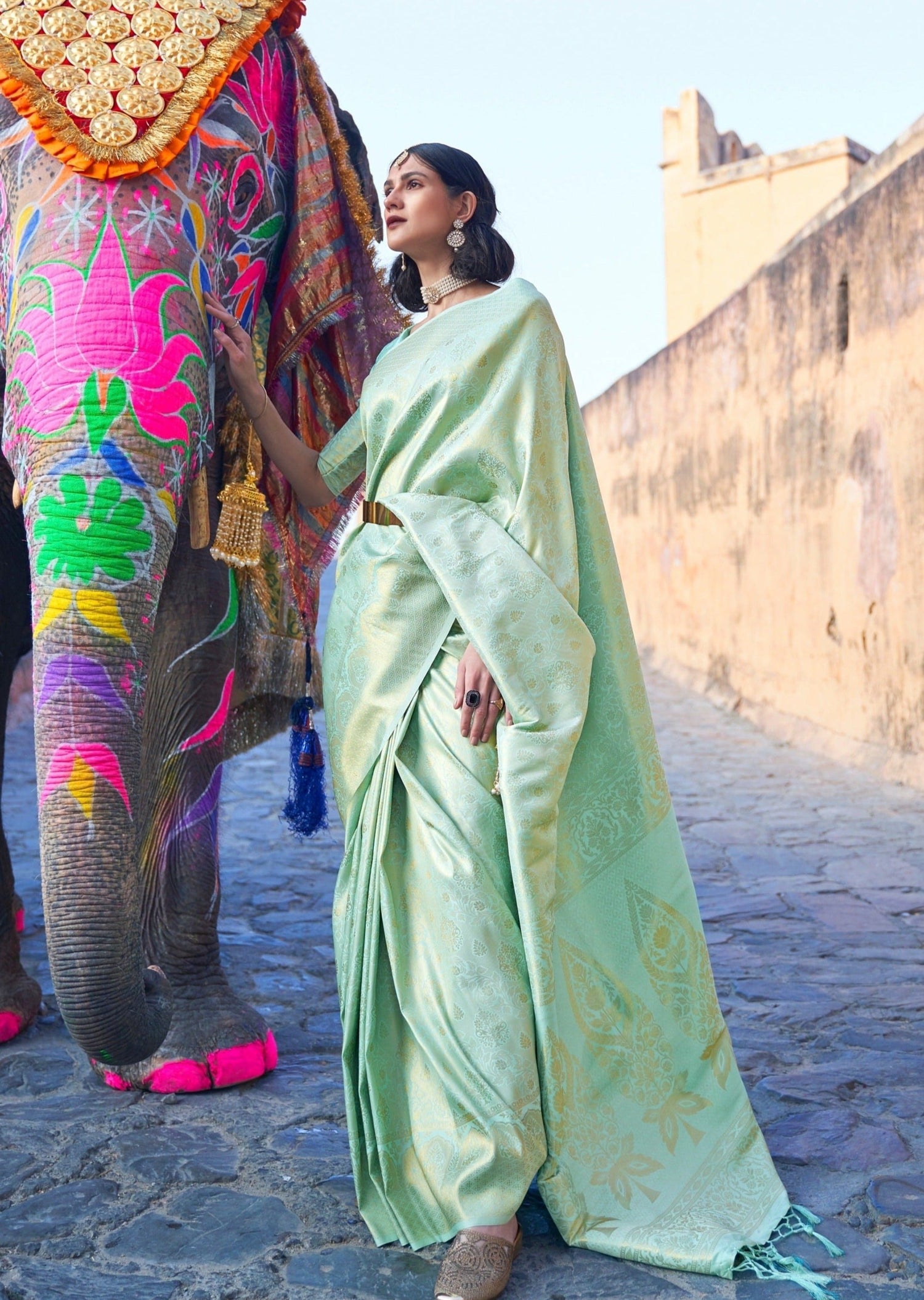 Chiniya silk saree pastel green and green with allover zari weaves and –  Prashanti Sarees