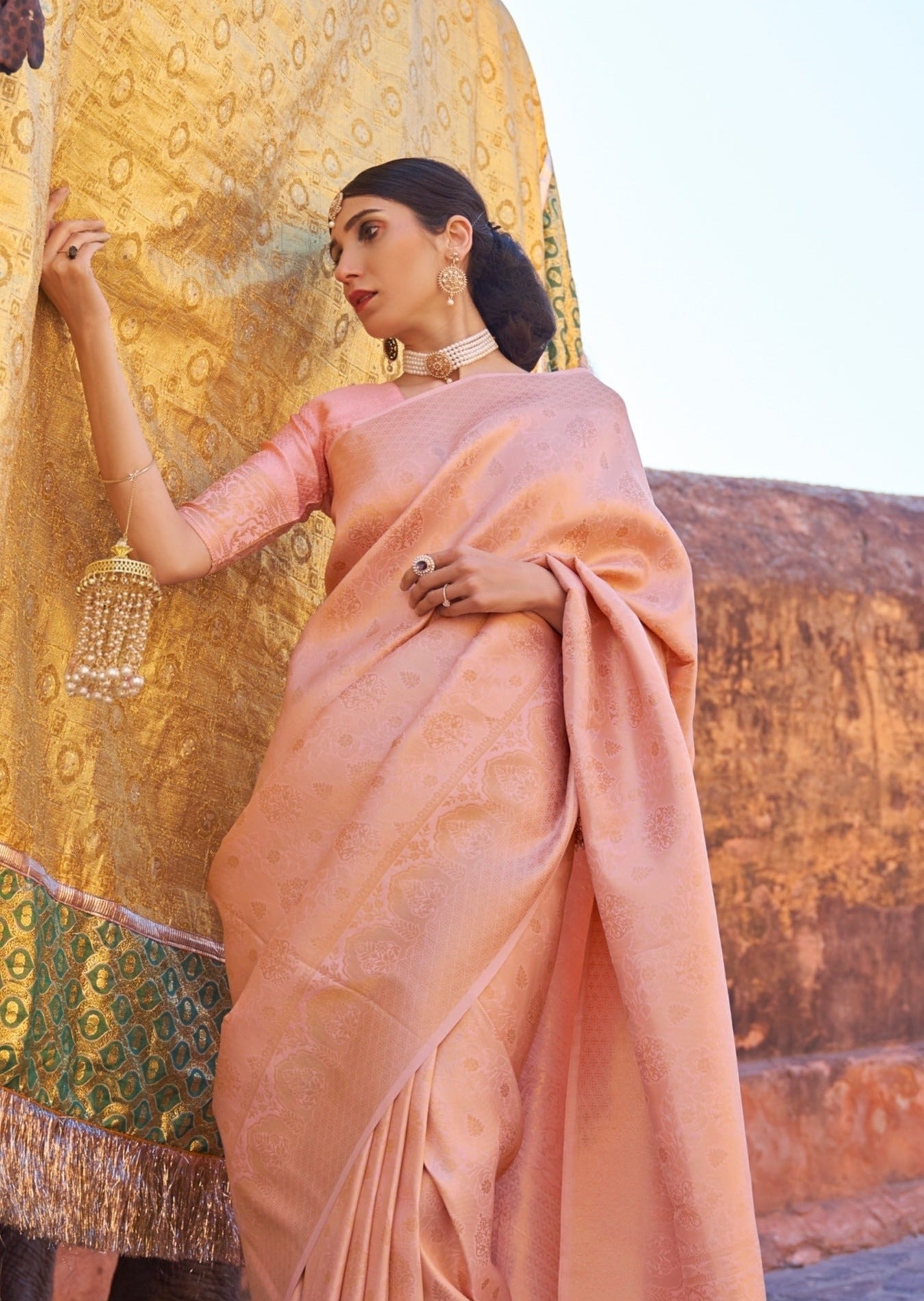 Pure Handloom Silk Peach Kanjivaram Saree