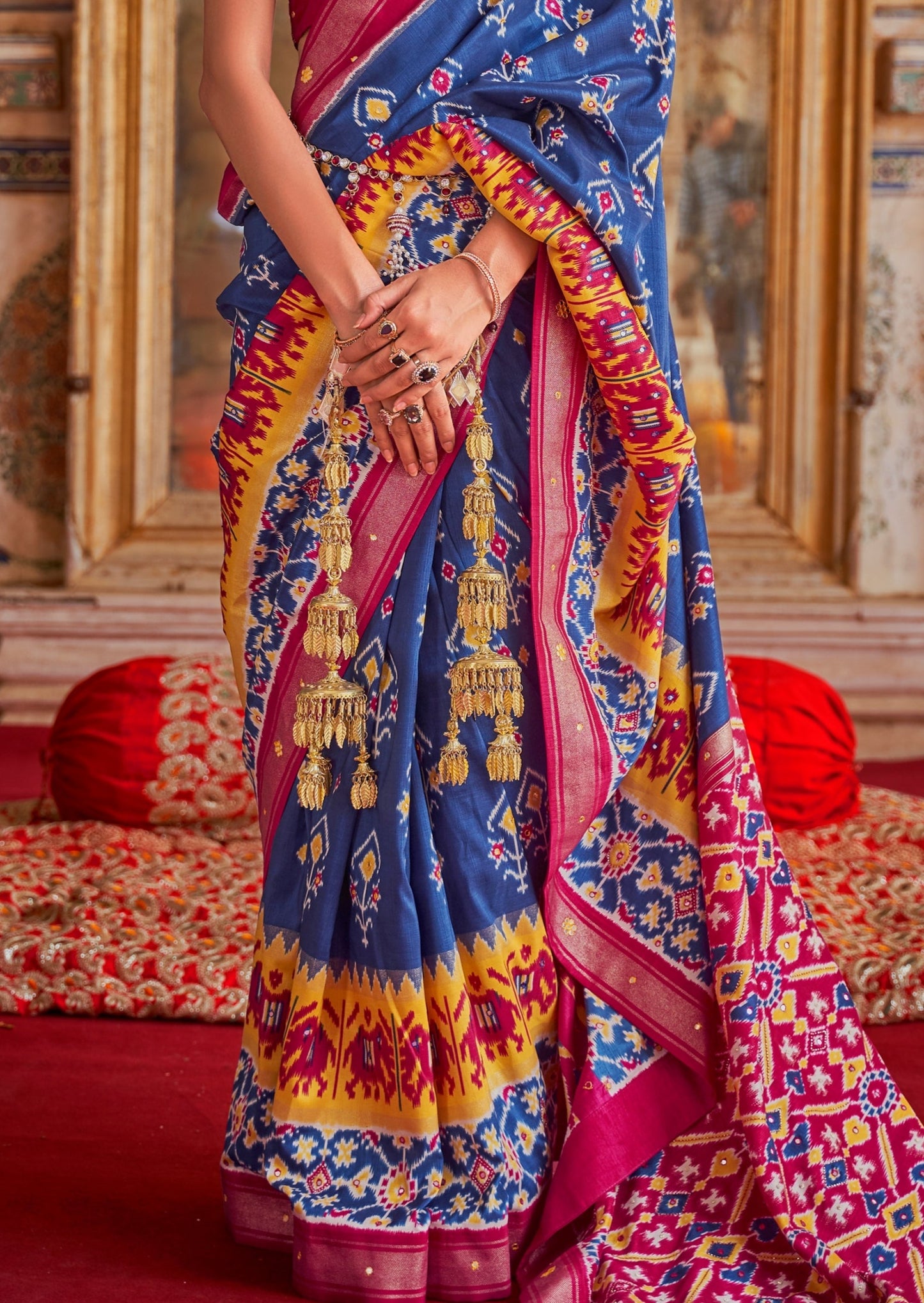 Patan Patola Silk Mirror Work Indigo Blue Double Ikkat Saree