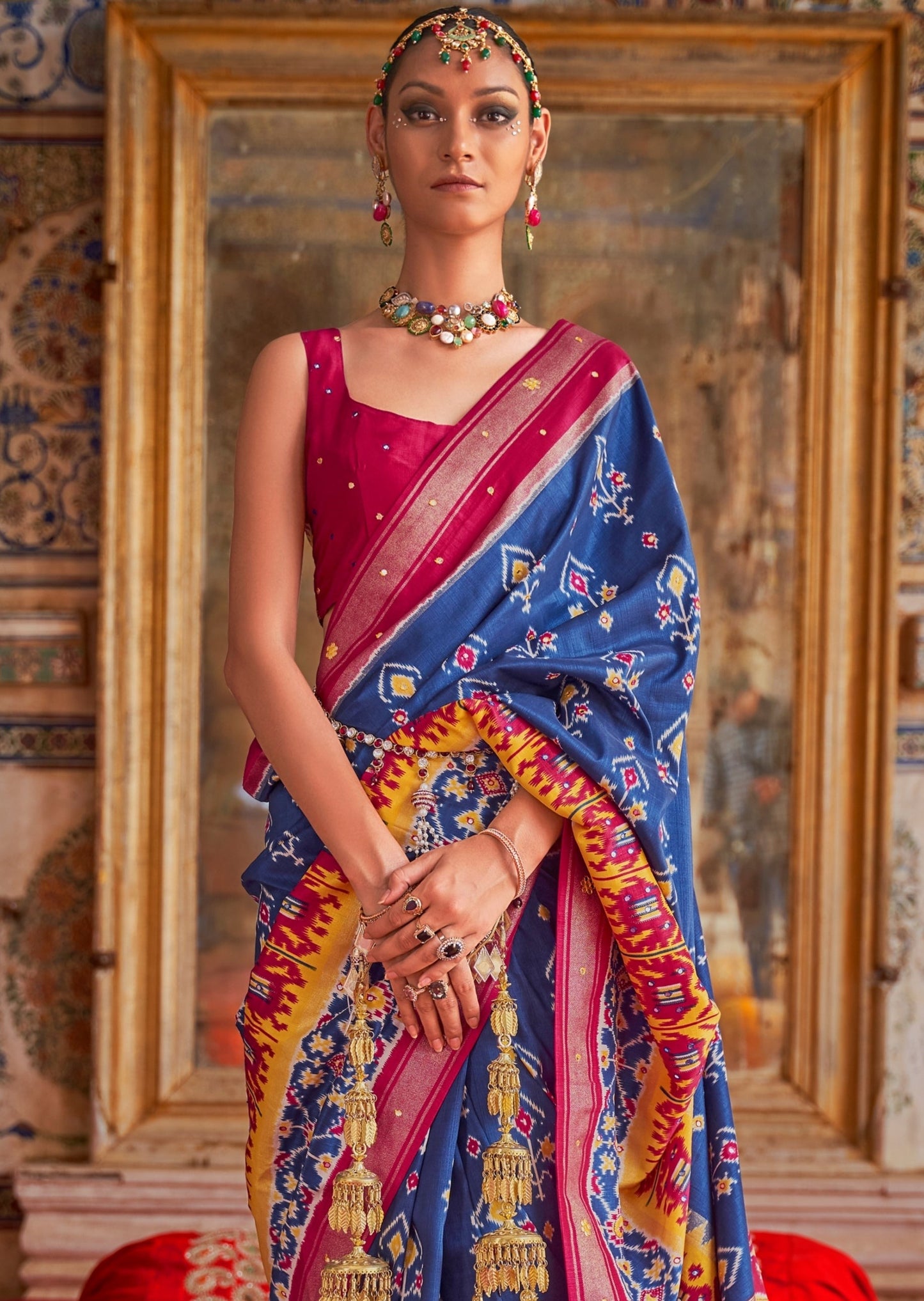 Patan Patola Silk Mirror Work Indigo Blue Double Ikkat Saree