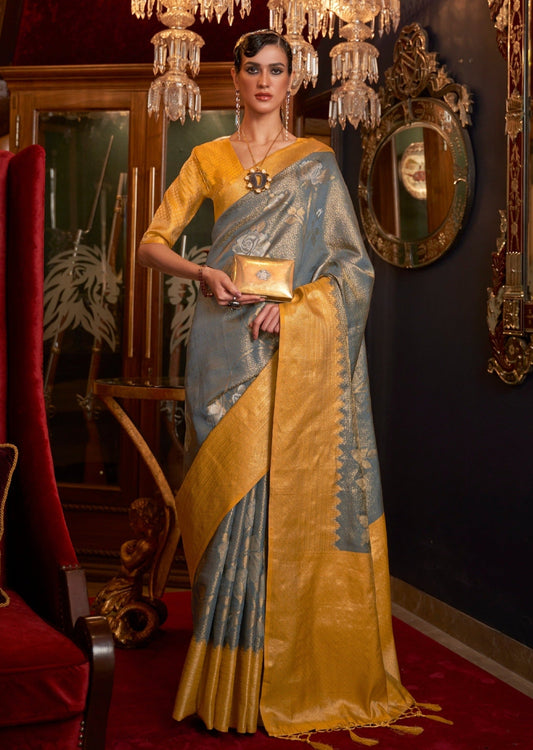 Pure kanjivaram silk grey handloom saree online shopping price for wedding.