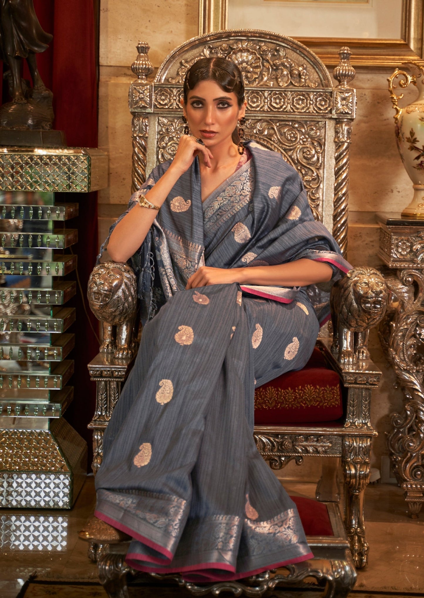 Pure Tussar Silk Grey Handloom Saree