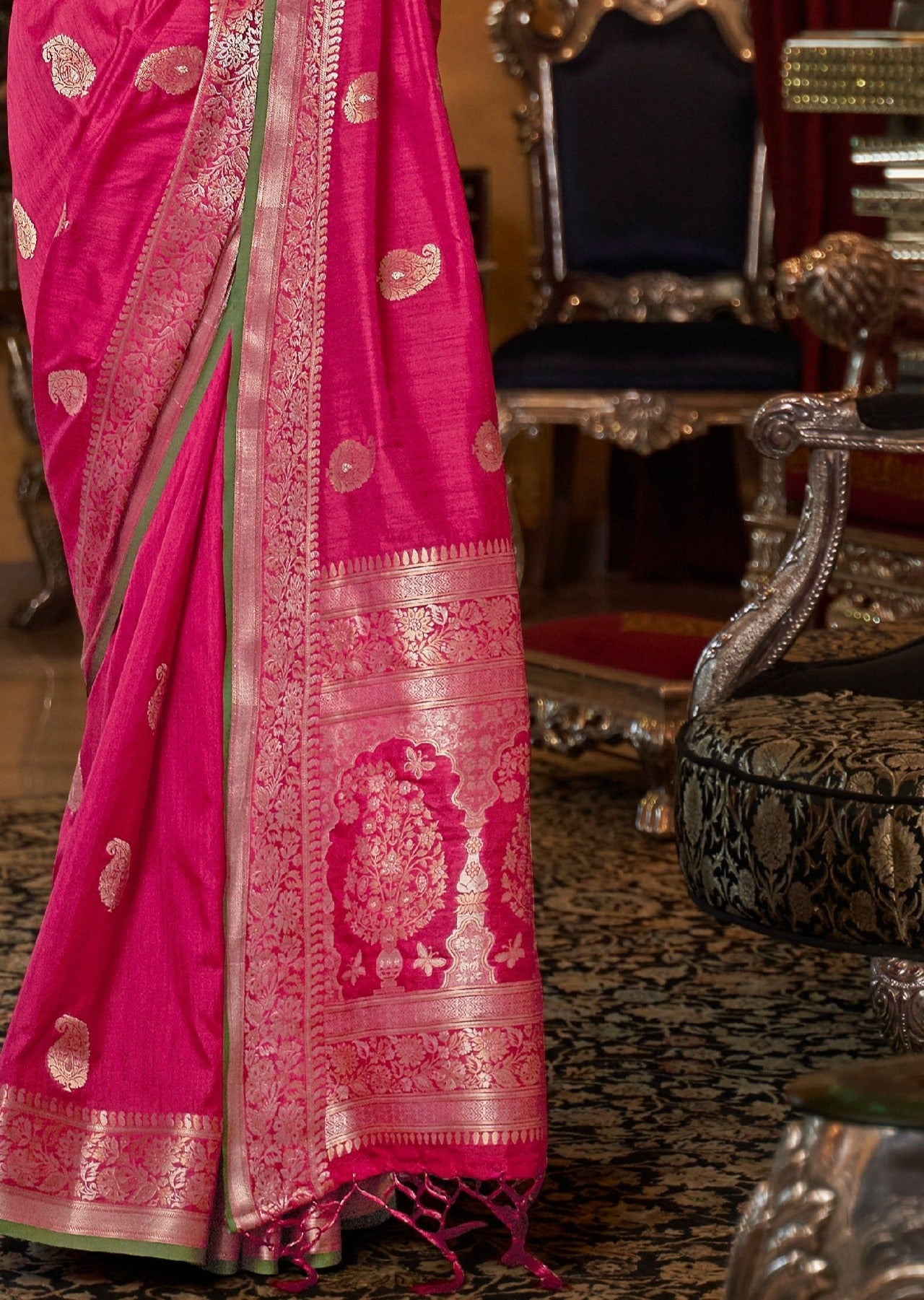 Pure Tussar Silk Fuchsia Pink Handloom Saree