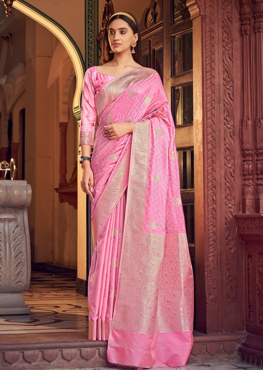 Banarasi satin pink saree online.