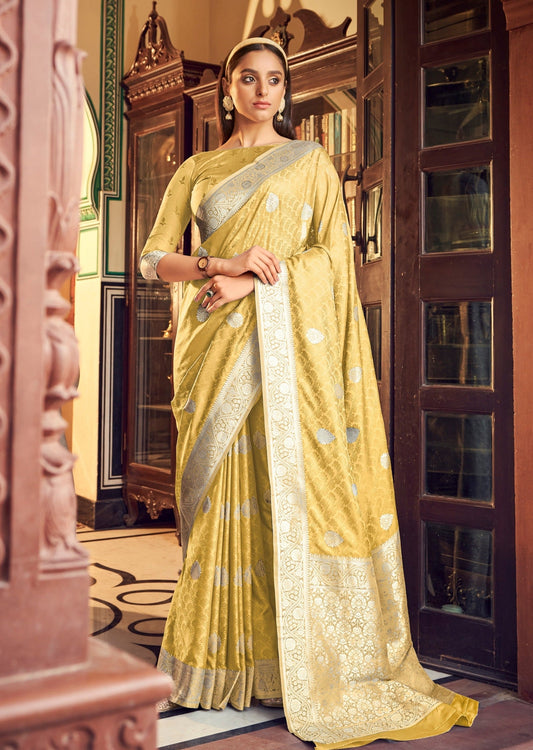Banarasi satin silk yellow saree online.