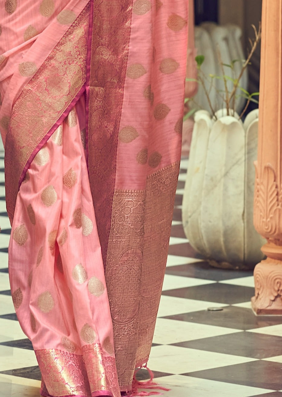 Pure Tussar Silk Rosy Pink Handloom Saree