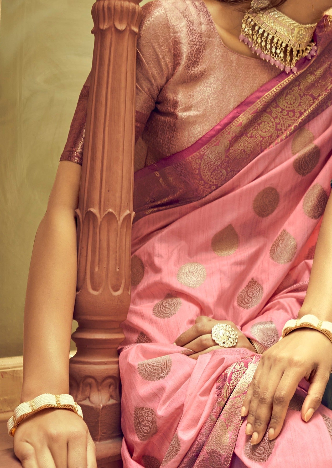 Pure Tussar Silk Rosy Pink Handloom Saree