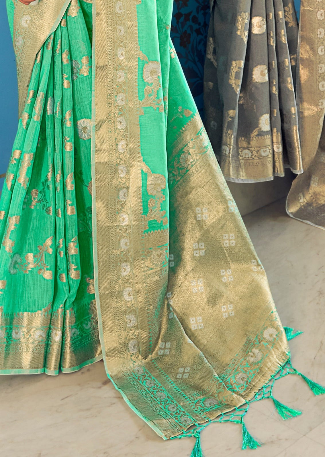 Pure Organic Banarasi Linen Jade Green Saree
