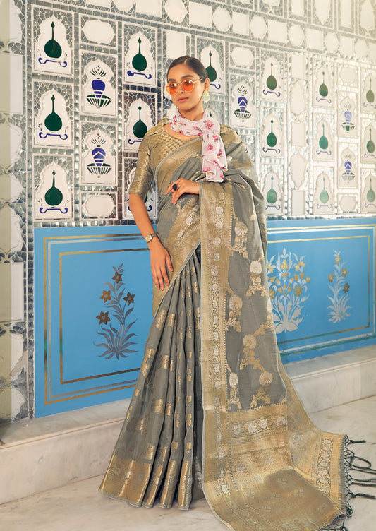 Pure Linen Handloom Grey Saree