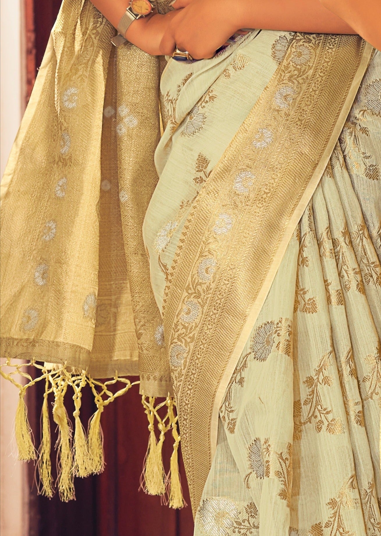 Pure Organic Linen Designer Cream Saree