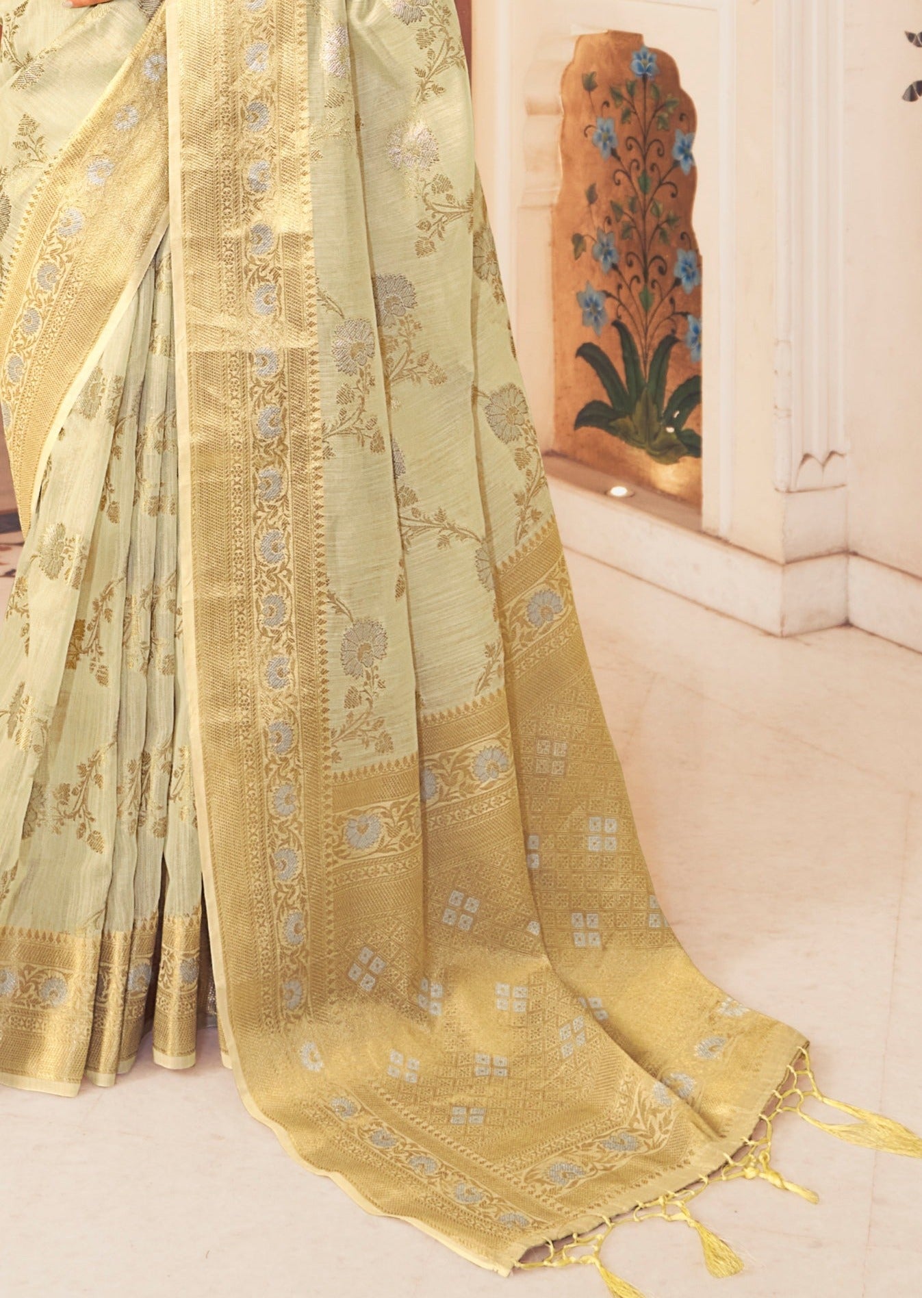 Pure Organic Linen Designer Cream Saree