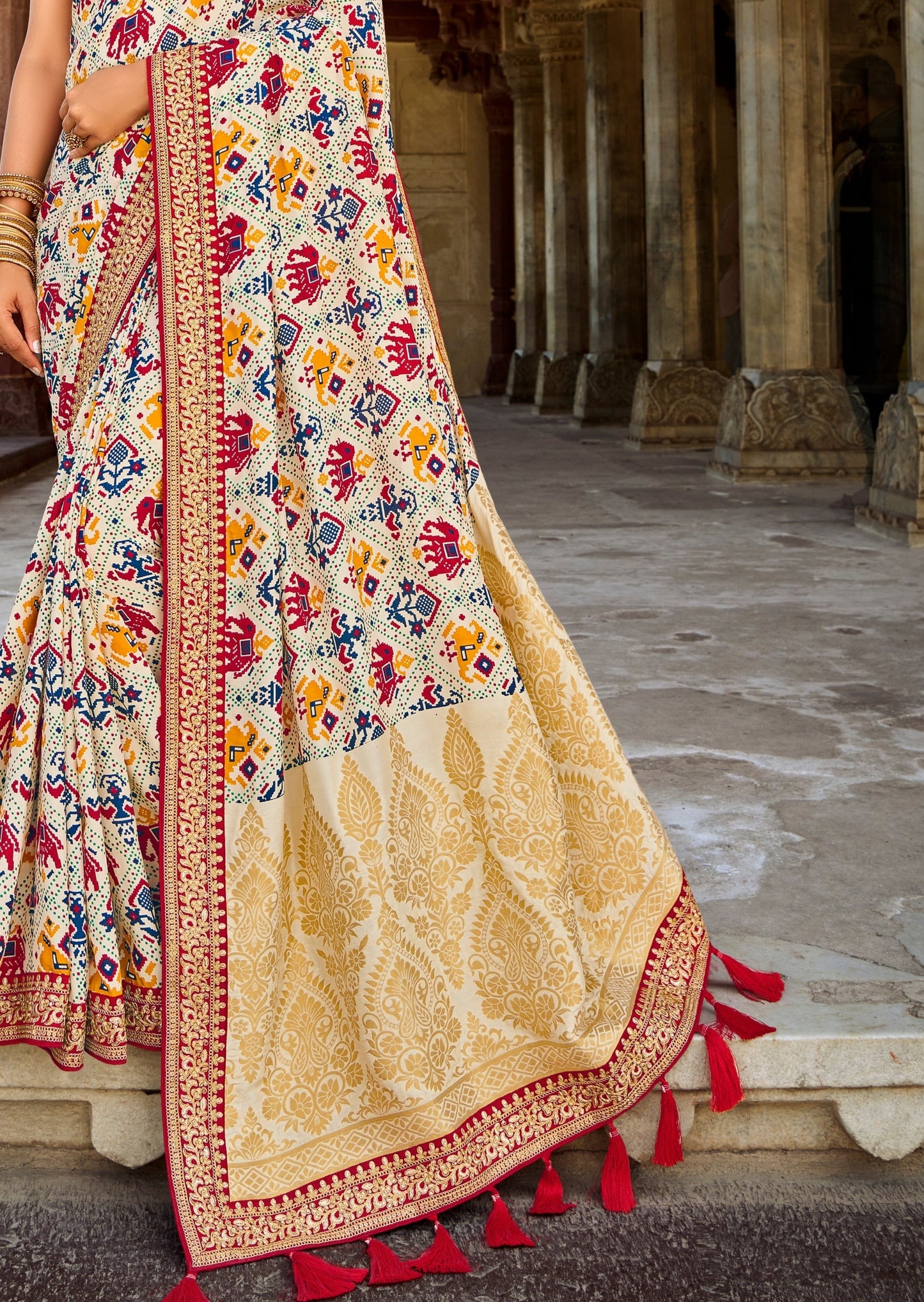 Banarasi Patola White Saree with Red Blouse