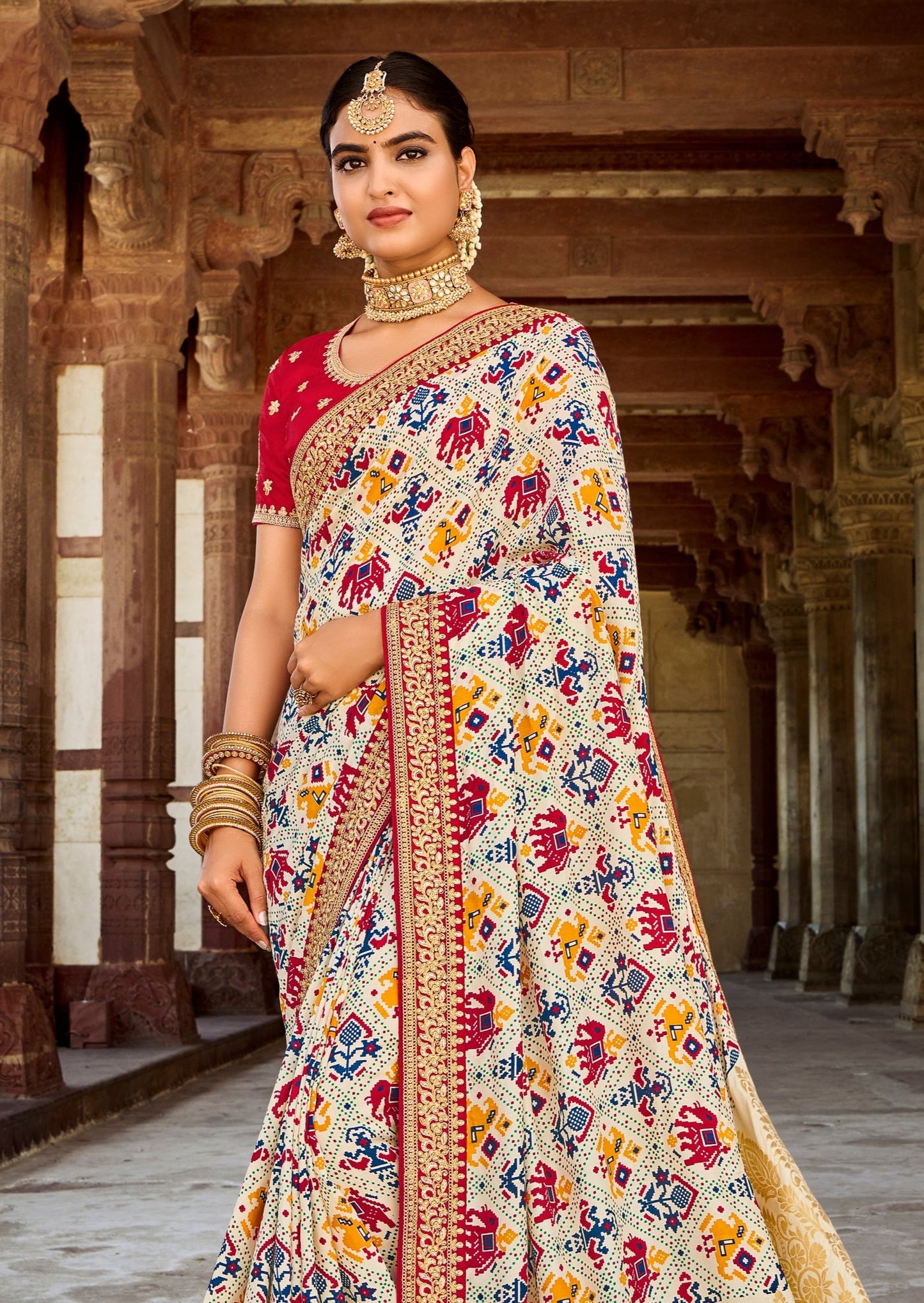 Banarasi Patola White Saree with Red Blouse