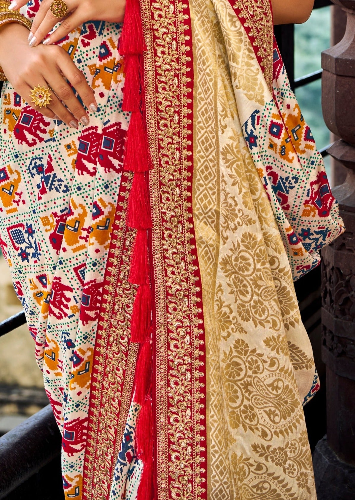 Banarasi Patola White Saree with Red Blouse